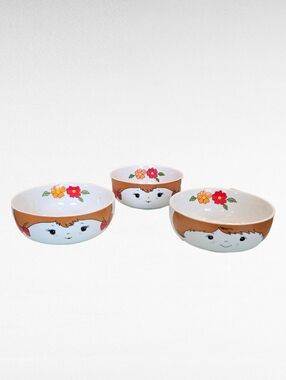 Vintage 1970's Fred Roberts Farm Face 1 Boy and 2 Girl Cereal Soup Bowls
